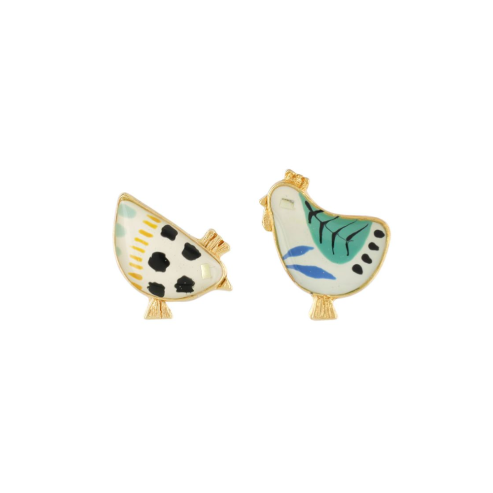 Pendientes Botón Gallinas Azules Paulette Fantasía