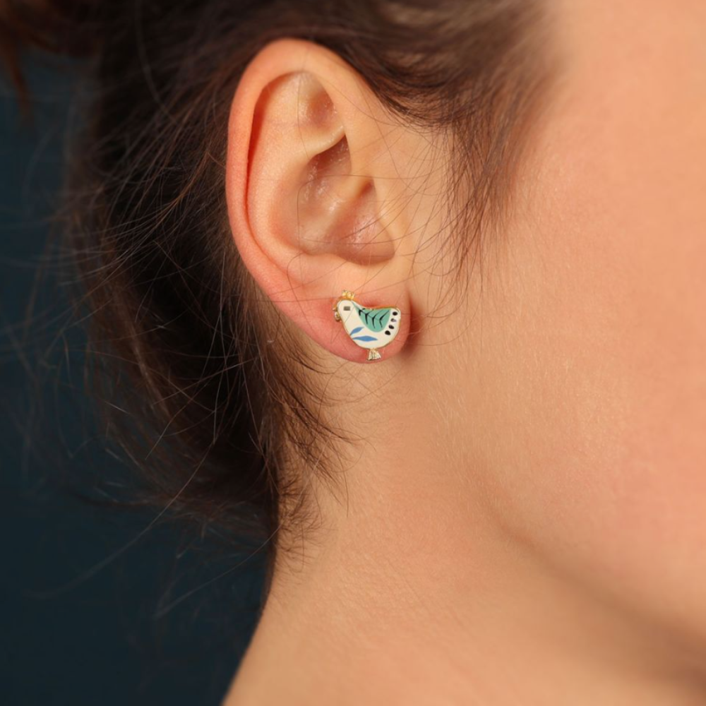 Pendientes Botón Gallinas Azules Paulette Fantasía